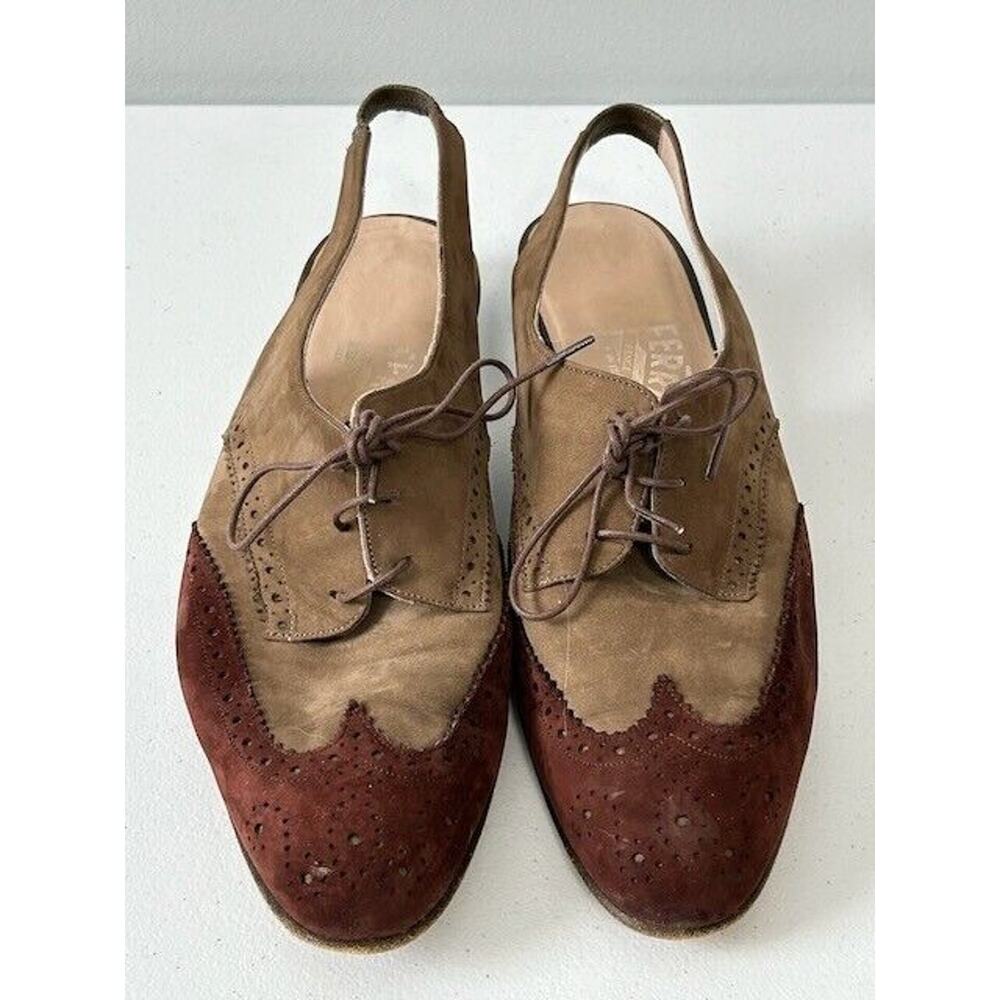 Vtg Salvatore Ferragamo Sopra Nabuck Slingback Suede Leather Brown Green Sz 8AA